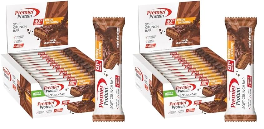 Premier Protein Soft Crunch Bar 40% Protein Triple Chocolate 12x40g - Bajo en azúcar + Bajo en carbohidratos + Sin aceite de palma (Paquete de 2)