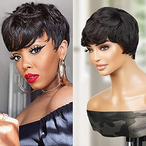 INSTANT FAB Short Human Hair Wigs Pixie Cut Wigs with Feathered Side Bangs for Black Women Short Cut Pixie Hairstyles Wig Tapered Back Non Lace Front Wigs - Pearl (NATURAL) Cover
