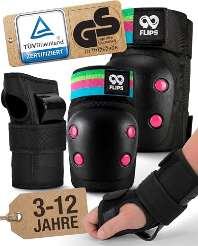 99FLIPS Protektoren Kinder Knieschoner Kinder - Schoner Inliner Set - Schutzausrüstung - Knie und Ellenbogenschützer - SLIDE - Größe XS BLACK RAINBOW - Knieschutz Skateboard Scooter Rollschuhe