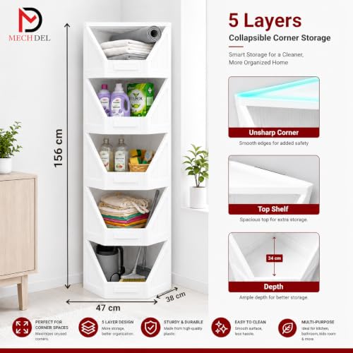 Image of mechdel 5 Tier Corner Storage Cabinet, Foldable & Stackable Plastic Cupboard Organizer for Clothes, Toys, Books & Kitchen, Multipurpose Corner Wardrobe Storage Rack for Bedroom & Home, White