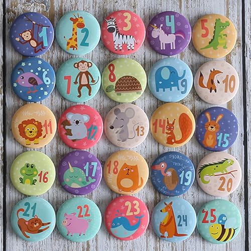 HERZONE Adventskalender Zahlen Buttons Anstecknadeln zum Dekorieren von Adventskalendern mit Zahlen von 1-25 Ideal für Stoffsäckchen Tüten und Beutel (color animals)