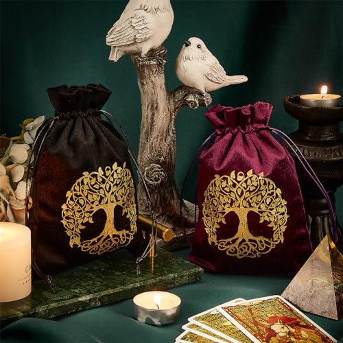 CREATCABIN 2Pcs Tree of Life Tarot Bags Velvet Tarot Card Storage Bag Pouches Holder Set Rune with Drawstrings Large Packing for Crystal Jewelry Dice Gift Halloween 7x5.1Inch-Black Purple - Image 4