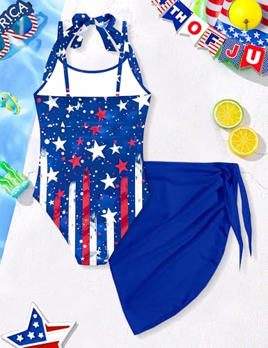 Image of Girls Swimsuit Set - Halter Neck One Piece Bathing Suit with Tropical Cover Up Skirt Swimwear for Kids 7-18Y