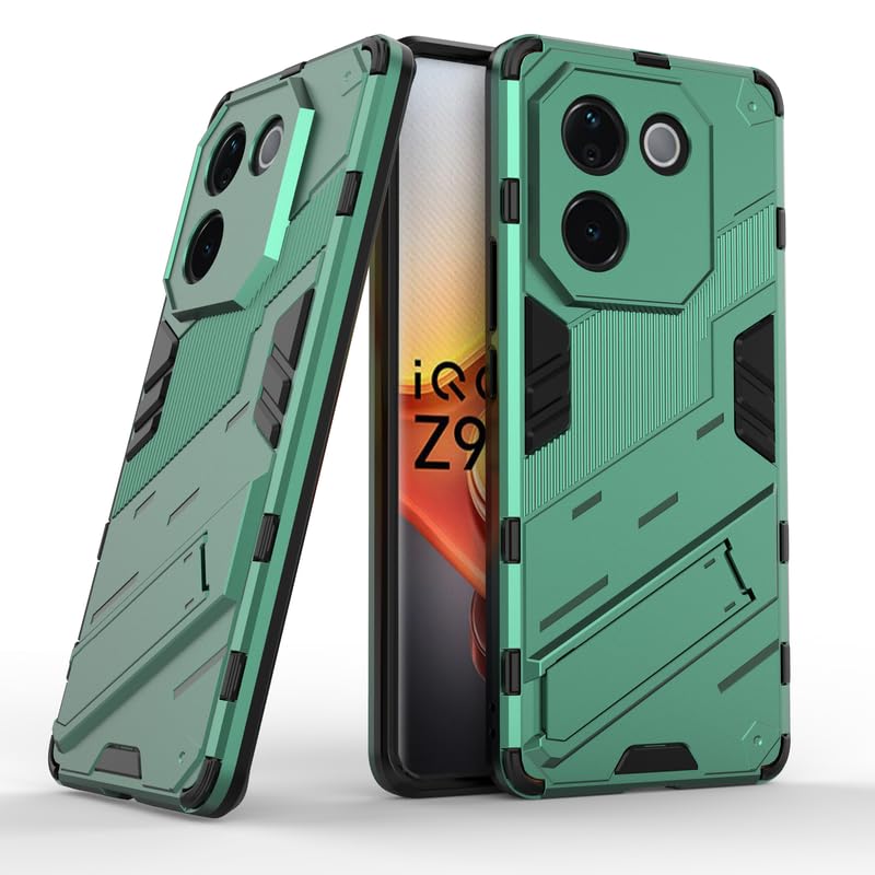 Image of Rugged Hard Back Case Cover for Vivo T3 Pro - Military-Grade Armor with Screen & Camera Guard, Dual-Layer Shockproof Design, Raised Edges, and Built-in Kickstand - Emerald Green