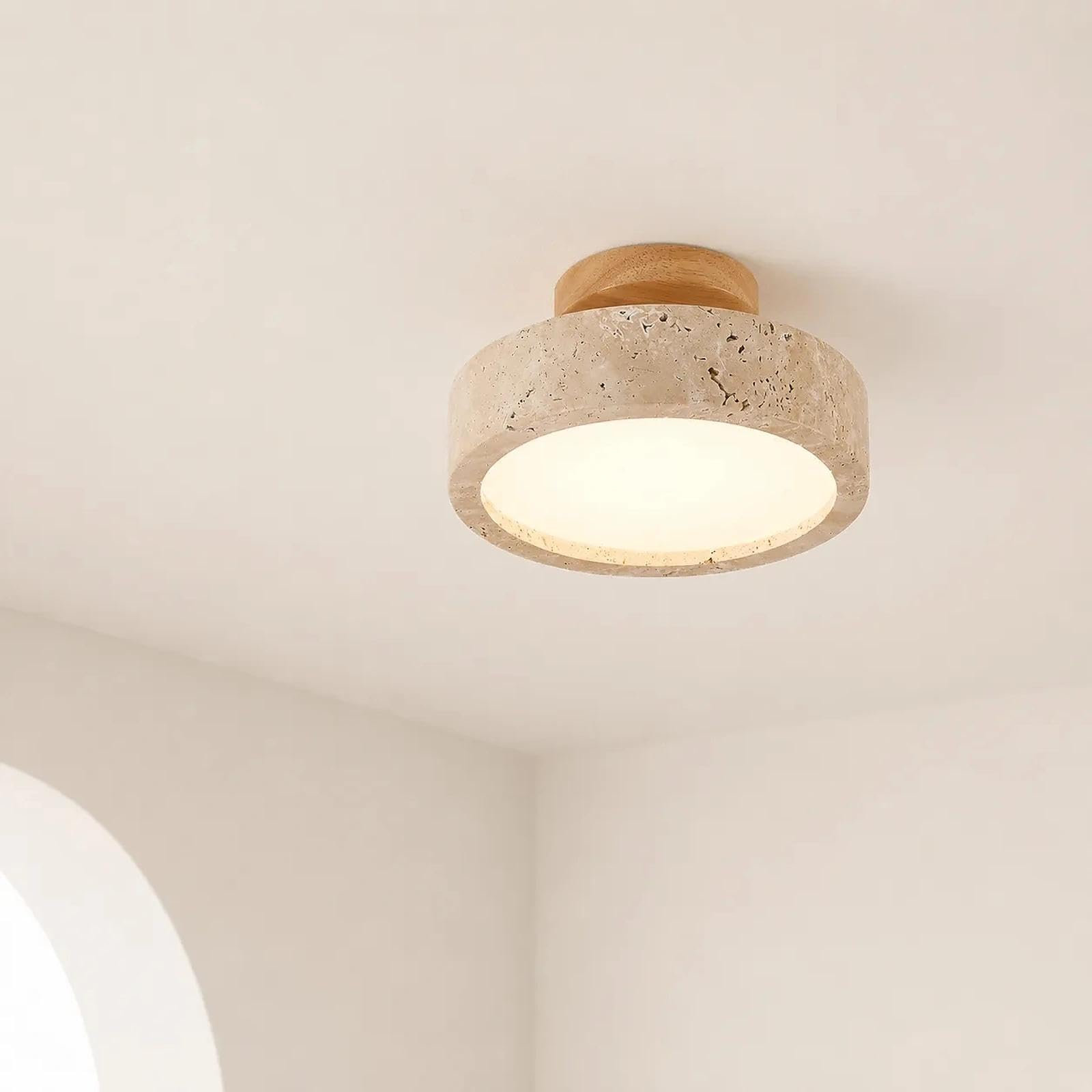 Natural Travertine Ceiling Light, 3 Colour LED Semi Flush Mount Fixture