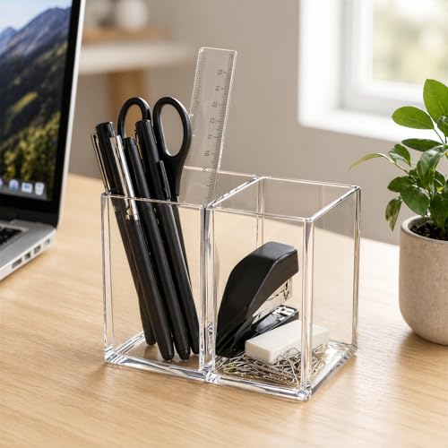 Image of Gejoy 20 Pcs Acrylic Pencil Pen Holder Clear Makeup Brush Organizer 2 Compartments for Desktop Stationery Office Bedroom