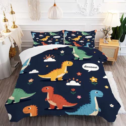Image of Cartoon Dinosaur Comforter Set Twin Size Cute Bedding Set for Kids | Cute Colorful Dino Bedding Set for Boys Girls, All Season Soft Microfiber Bed Set with 1 Comforter 1 Pillowcase