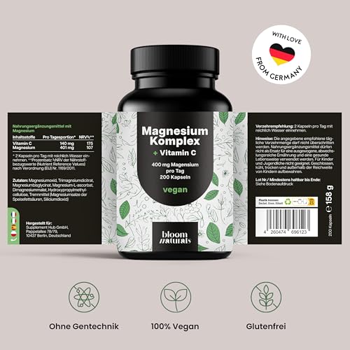Magnesium Komplex hochdosiert - 200 Kapseln - 400 mg Magnesium pro Tag + Vitamin C, mit Bisglycinat, Citrat, Oxid, L-Ascorbat, Malat, vegan & produziert in Deutschland