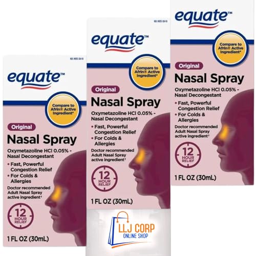 Equate Nasal Spray Original 12 Hour Max Strength 1 Fluid Ounce Pack 3 Bundle with LLJ Corp Sticker. Small