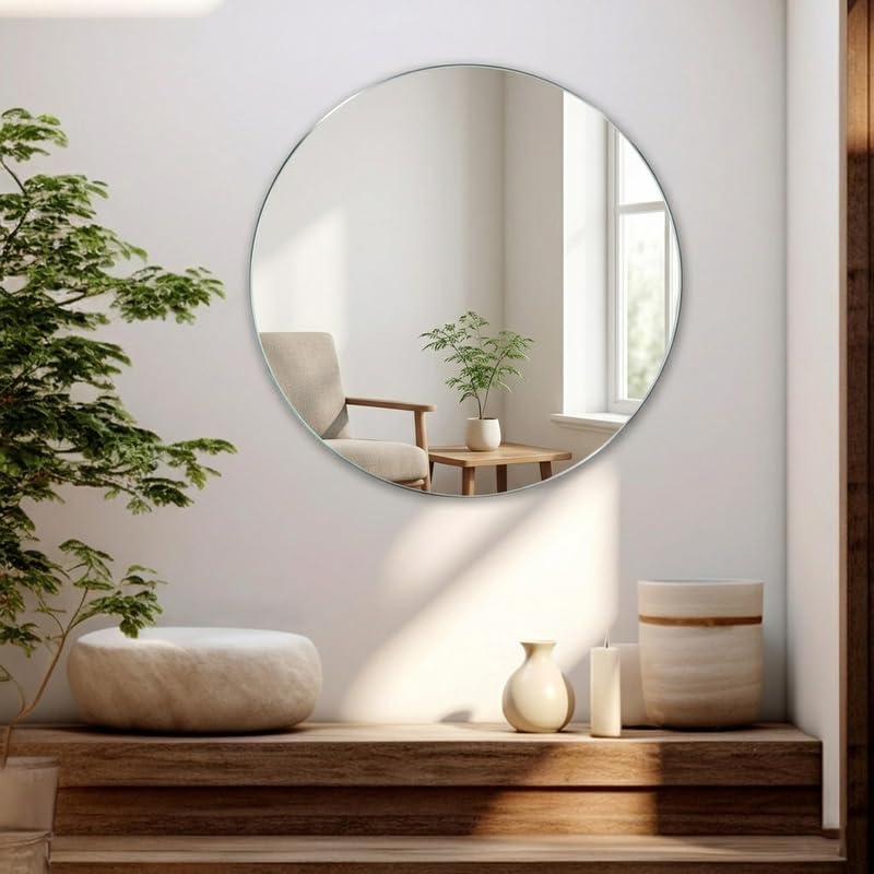 Image of Round Frameless Wall Mirror 12x12 Inch - Modern Decorative Vanity Mirror for Bathroom, Bedroom, Living Room & Entryway