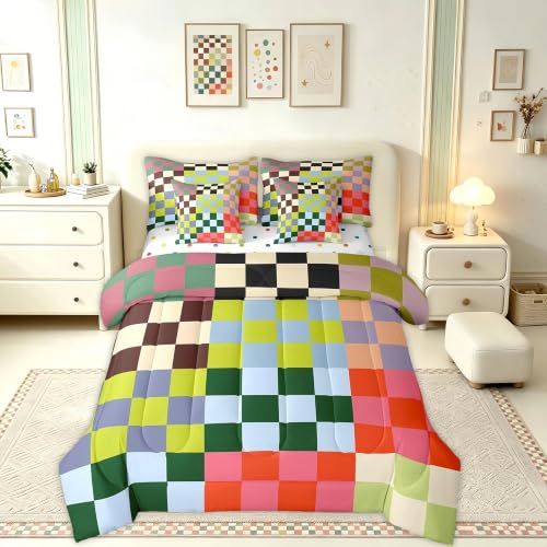 Image of Feelyou Multicolored Checkered Retro 7 Piece Bedding Set Kids Boys Geometric Vintage Comforter Set with Sheets Queen Size Green Red Yellow Colorful Bed in a Bag Modern Groovy Aesthetic Room Decor