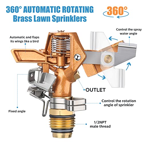 4 Pieces Brass Impact Lawn Sprinklers For Yard, Heavy Duty Water Sprinkler Head With Zinc Alloy Spike Base 360 Degree Automatic Rotating Lawn Sprinkler For Yard Lawn Large Area Patio Garden #TOP2
