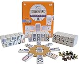 Regal Games Double 15 Colored Dot Dominoes Mexican Train Game Set with Wooden Hub, 136 Domino Tiles, 8 Metal Trains, and Collectors Tin
