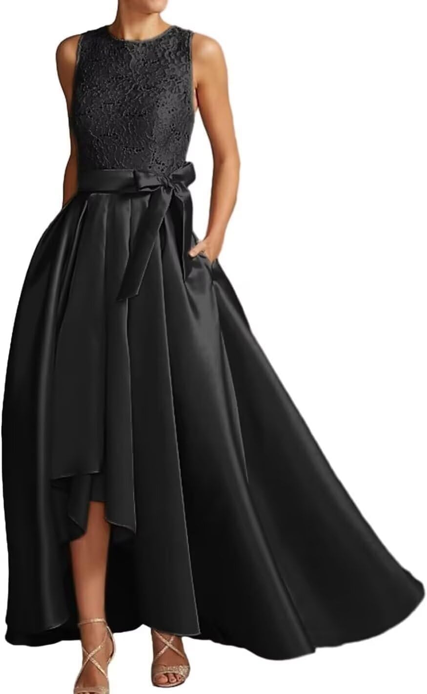 Lace Applique Mother of The Bride Dresses Evening Gowns Sequin Scoop Neck High Low Prom Dress LZY878 16 Black
