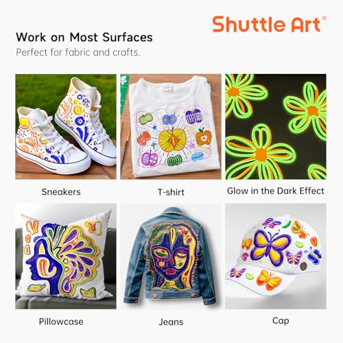 Shuttle Art Textilfarbe, 45 waschfeste 3D Stoffmalfarben, je 30ml, Stofffarben mit Pinsel, Vorlagen, 9 Metallic, 4 Glitzer Farben, für Kinder auf T-Shirt, Jeans, Schuhe, Tasche, Kleidung