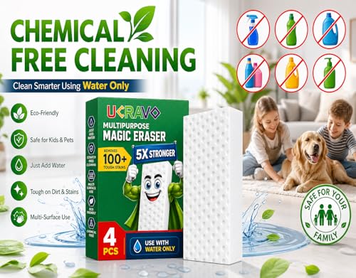 Image of UCRAVO Magic Eraser Sponge Pack of 4 | Multi-Surface Cleaning Sponge | No Scratch Cleaning Foam | Removes 100+ Tough Stains | Just Add Water Cleaner | Wall,Kitchen,Bathroom,Shoe,Switch Board Cleaner