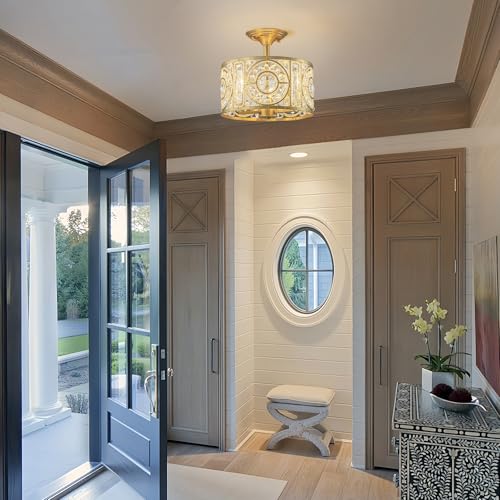 Image of Semi Flush Mount Chandelier for Dining Room, 3-Lights Vintage Crystal Round Chandelier, Gold Retro Semi-Flush Mount Ceiling Lights Fixture for Living Room Bedroom Kitchen Hallway Foyer