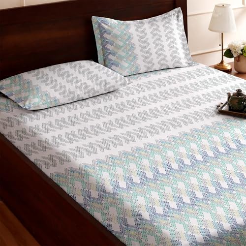 Image of Raymond Bedsheet 100% Cotton Bedsheets 200 TC for Double Bed King Size (108 x108 Inch) with 2 Large Size Pillow Covers | Soft and Breathable | Wrinkle-Free | Premium Printed Blue Leaf