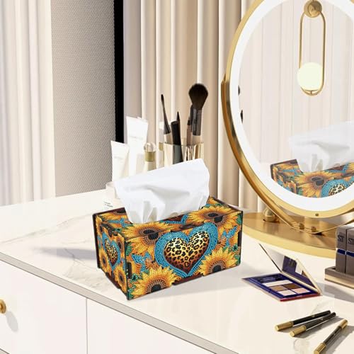 Image of DIY Diamond Painting Tissue Box, Wooden Diamond Art Napkin Holder with Sunflower and Leopard Print Design, Decorative Rhinestone Craft Tabletop Kit for Adults, Desktop Storage Organizer