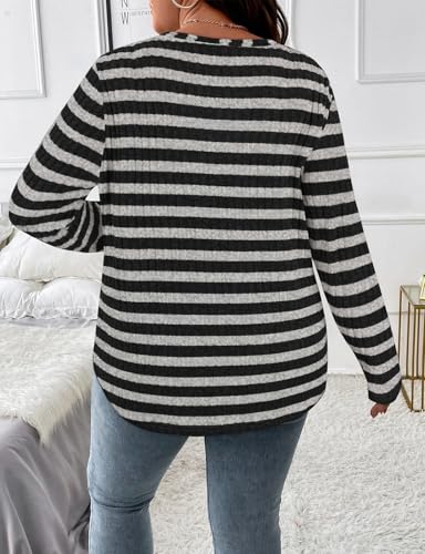 Image of Koscacy Women Plus Size Casual Knit Sweater V Neck Solid Color Tops Lightweight Long Sleeve Blouses