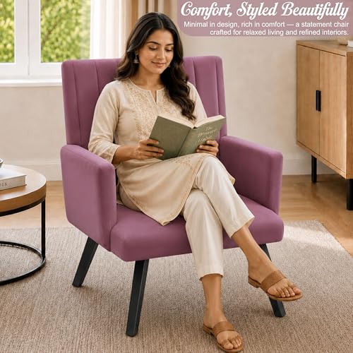 Image of Rosebell Modern Accent Chair for Living Room | Single Seater Chair with Armrests & Metal Legs | Comfortable Lounge Chair for Bedroom, Reading & Office | Rose Pink