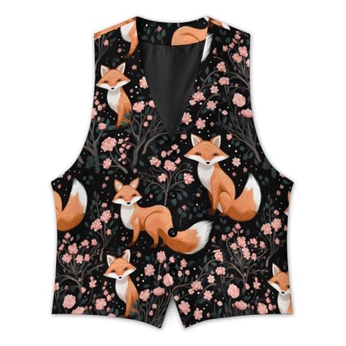 Cherry Flowers FoxMen's Suit Vest Slim Fit Formal Dress Waistcoat V Neck Casual Business Vests for Suit Or Tuxedo3