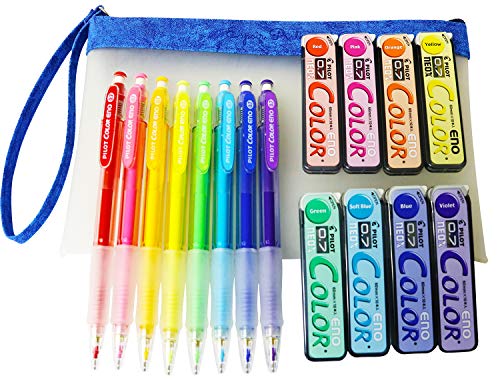 Pilot Color Eno Automatic Mechanical Pencil, 0.7mm, 8 Colors & Eno Neox Mechanical Pencil Lead Refill, 0.7mm, 8 Colors Special set with Original stylish pen case multiuse pouch Japan import