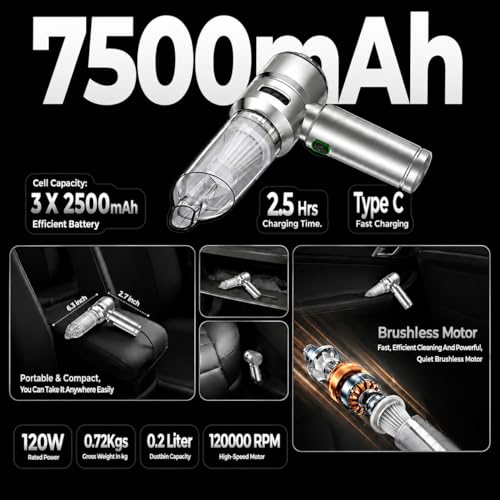 Image of Carlizem TurboJet500 4-in-1 18000PA Powerful Car Vacuum Cleaner & Air Blower | Wireless 4X More Suction Power BLDC Motor | 3 Suction Speeds | 30 Mins Runtime Rechargable Type C 18 Months Warranty