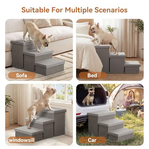 Image of Zerbuger Dog Stairs 23 inch H, 4-Step Wider Dog Steps for High Beds Window, Folding Storage Pet Stairs Gift for Small /Medium /Large Old Dogs Cats, Ramp for Climbing Car Up to 200 lbs (Gray, with Condo)