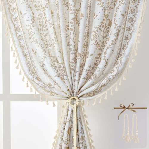Image of Yinhua Boho Curtains for Living Room 63 Inch Length Vintage Linen Curtains for Bedroom Light Filtering Window Curtain Rod Pocket & Back Tabs Rustic Tassel Drapes with Tiebacks, White Beige