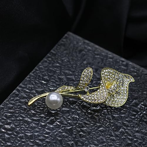 Image of Gold /Silver Calla Lily Crystal Brooches Pins Fashion Beautiful Created Rhinestone Pearl Flower Floral Brooch Good Idea for Party Dance Wedding Banquet for Elegant Women Girl