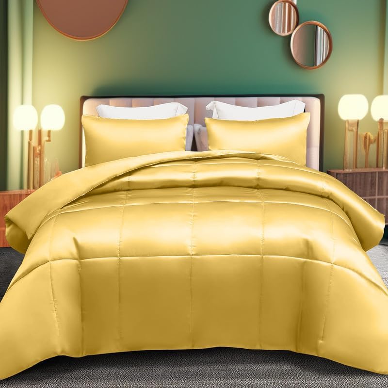Silk Satin Luxurious Comforter - Box Stitched - 300 GSM Fluffy Comforter - Down Alternative Comforter - Soft and Comfortable - Machine Washable - Ultra Soft Comforter Gold,Twin/Twin XL