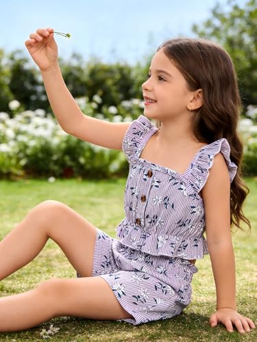 Image of Kids Toddler Girls Summer Clothes Button Design Striped Tank Top + Floral-Print Elastic Shorts 2 Piece Outfits