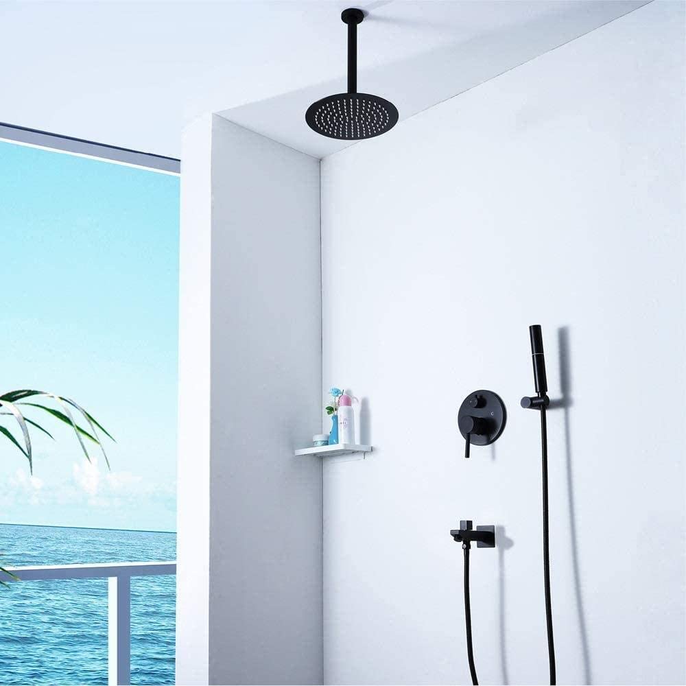 Aycdl Black Shower Head 10 Inch Round Top Shower System In-Wall Hot And Cold Shower Set Copper Shower Faucet 4 Modes Household Interesting Life