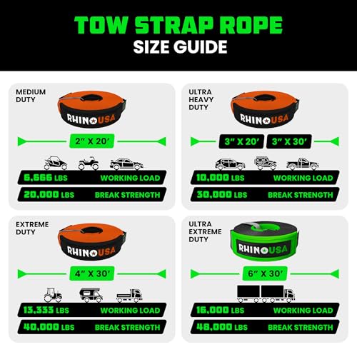 Image of Rhino USA Recovery Tow Strap (3 inchx20')- 31,518lb Break Strength- Emergency Recovery Strap Tow Rope for Truck, UTV, ATV & More- Heavy Duty Towing Strap for Offroad 4x4 Use- Compatible with Jeep (Orange)