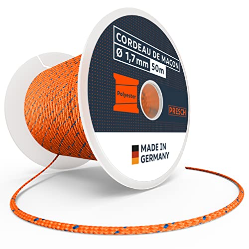 Presch Cordeau de maçon 50m | ⌀1,7mm | Polyester | Cordeau d'alignement résistant à la déchirure et aux intempéries avec Bobine | Cordeau de Construction résistant aux Noeuds