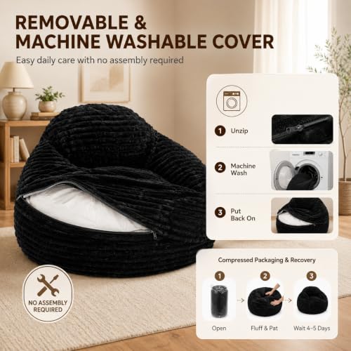 Image of Simple Deluxe 3.25 ft Faux Fur Memory Foam Bean Bag Chair, Large Comfy Lazy Chair for Adult with Washable Cover, Perfect for Reading Gaming in Living Room Bedroom, Black
