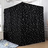 Obokidly Elegant Black with Star Pattern 100% Lightproof 4 Corner Post Bed Curtain Bedroom Decoratio