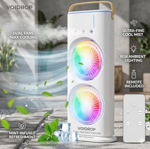 Image of Voidrop Portable Dual Fan Mist Cooler - Rechargeable Evaporative Air Cooler with RGB Lighting, 3 Mist Modes, & Remote Control | Ultra-Quiet Desktop Humidifying Fan for Home, Office, and Travel-White