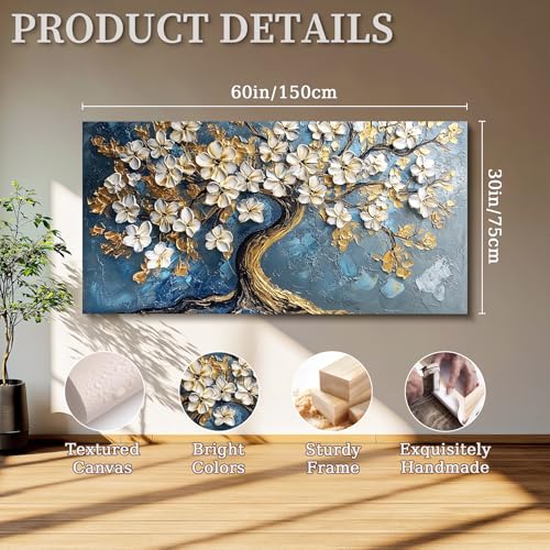 SERIMINO Gold Tree of Life Large Wall Art, Abstract Tree Oil Painting Art Prints, Cherry Blossom Flower Canvas Art Wall Decor, Modern Aesthetic Wall Pictures for Living Room Bedroom Office 30"X60"