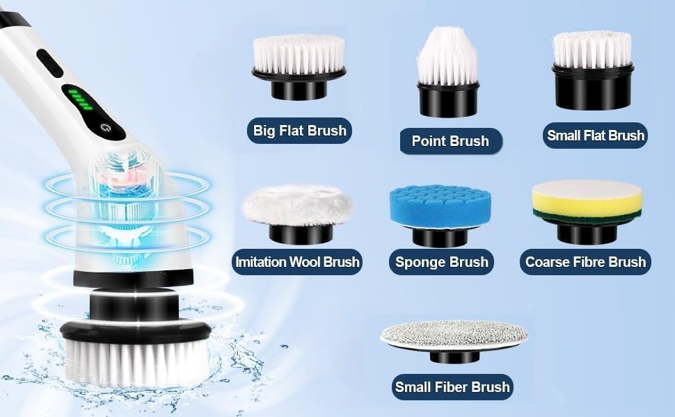 Image of 9 in 1 Electric Spin Scrubber,Cleaning Brush for Home,300RPM /Mins 8 Heads 90Mins Work Time,3 Adjustable Size,2 Speeds for Bathroom Shower Bathtub Car