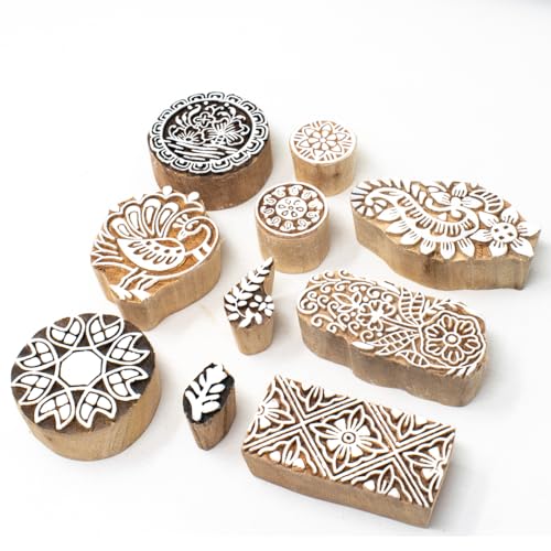 Image of Hashcart Wooden Indian Traditional Design Printing Stamps / Blocks for Printing Saree Border / Dresses / Craft Card Making / Scrapbook / Clay Pottery (Set of 10)