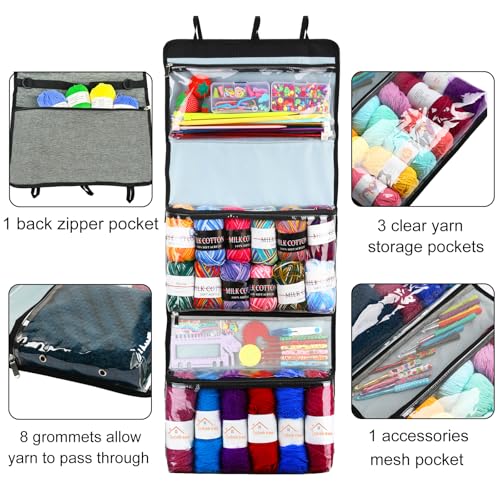 Image of Hanging Yarn Storage Organizer,Foldable Large Capacity Yarn Storage Bag for Crocheting with 5 Zipper Closure Compartments for Yarn Balls,Crochet＆Knitting Needle