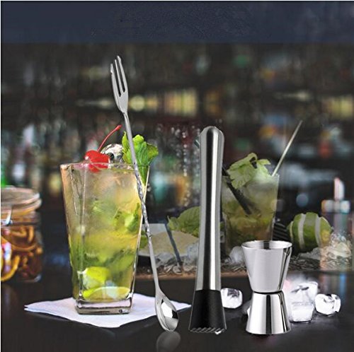 Fiada Ensembles d'Accessoires de Bar Pilon à Cocktail en Acier Inoxydable avec Cuillère à Mélange Doseur à Cocktail Kit Shaker à Cocktail pour Maison Cuisine Boissons Broyage de Glace