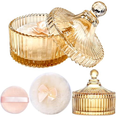 2 Pcs Body Powder Puff and Container Dusting Powder Container with Puff Washable and Reusable Soft Body P-owder Puffs Amber Multi-Use Storage for Jewelry Storage Elegant Gift for Women