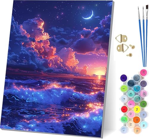 日没 数字油絵 DIY Paint by Numbers for Adults 海 手作りキット子供初心者 塗り絵 数字 キット ブラシとアクリル絵の具が入 ペイントバイナンバー 大人のクラフトアクティビテ ホーム オフィス装飾 女性へのギフト 50x65