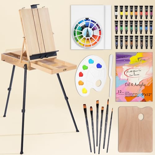 Falling in Art Artist Painting Set with French Easel 37Pcs Professional Easel Kit with Canvas Paintbrush Paints Suitable for Adults Artists and Beginners Natural
