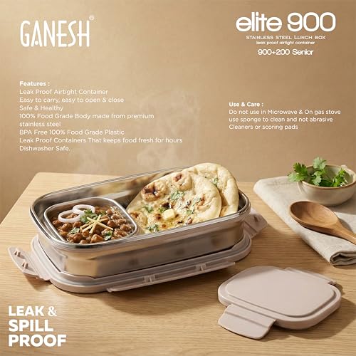 Image of Ganesh 900 Elite Stainless Steel Tiffin Box Set | 600ml Main Box + 125ml Container | Compact & Leak Resistant | Food Grade Stainless Steel Tiffin with Lid | Color May Vary