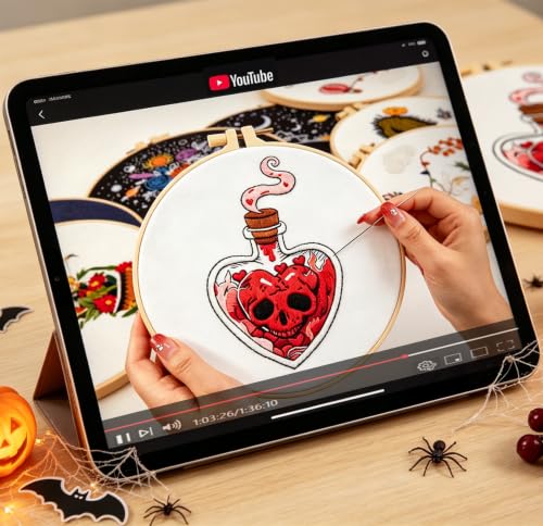 Image of Halloween Goth Embroidery Kits for Beginners Adults, Dark Skull Embroidery Sets Needlepoint Kits, Halloween Stamped Cross Stitch Kits for Beginners Adults, 2 Embroidery Hoops (Attached Video Tutorial)