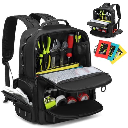 Tool Backpack,Heavy Duty Tool Bags for Men,Tool Storage Organizer Bag With 3 Tool Pouches for Electrician/Industrial/Construction/Tactical/Hvac Techs/Repairman Work